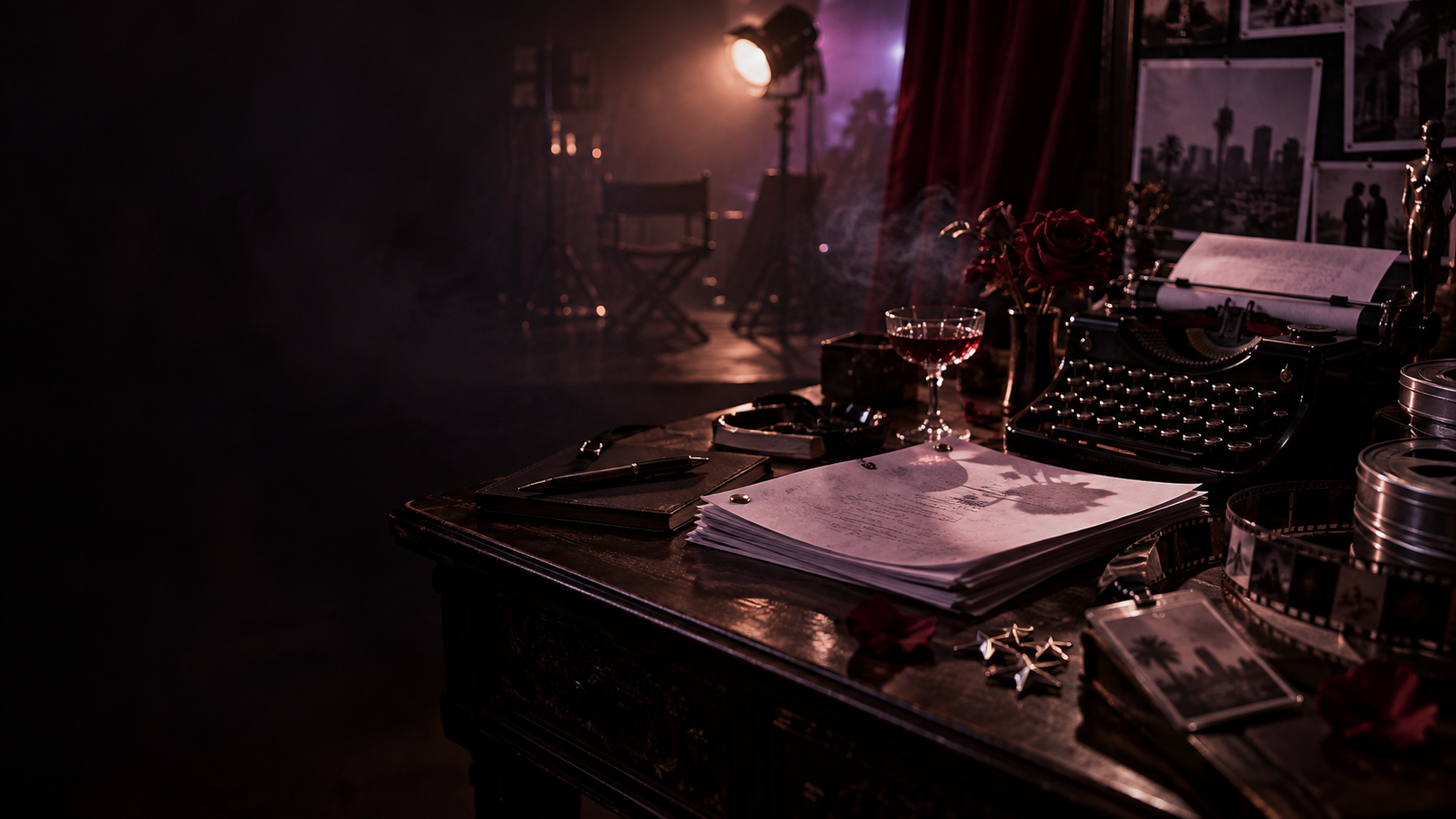 A cinematic writer's desk with a typewriter, screenplay pages, film reels, and deep maroon roses